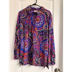 Jude Connally Womens Large Paisley Floral‎ Tunic Top Blue Pink Orange Stretch L